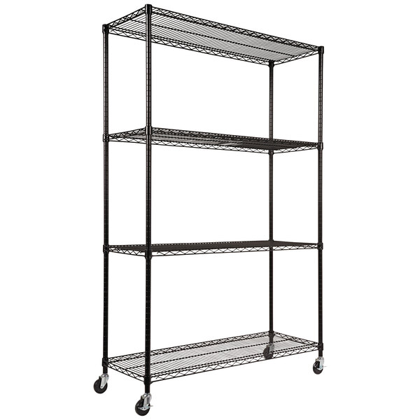 A black steel wire shelving unit with wheels.