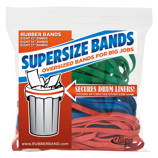 A clear plastic bag of Alliance rubber bands with the words "SuperSize Bands" on it.