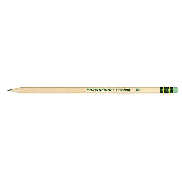 A Dixon Ticonderoga pencil with a green eraser.