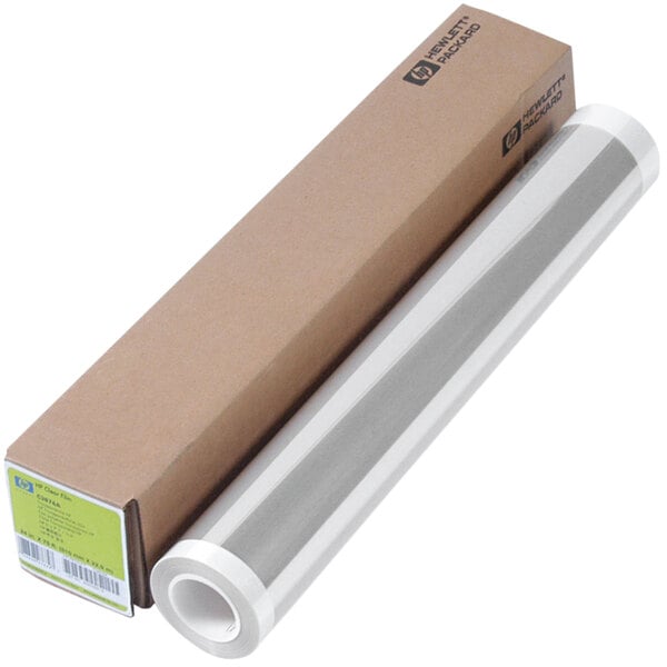 A roll of HP DesignJet clear large format paper with a box.