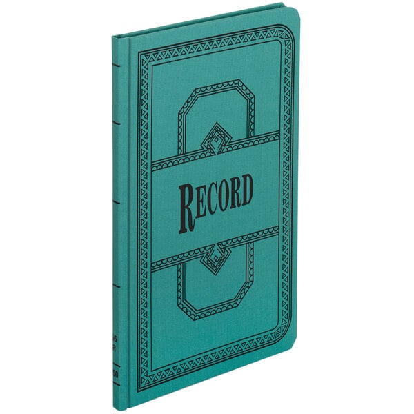 A blue Boorum & Pease record ruled notebook with red text.