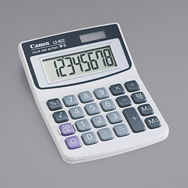 A Canon LS82Z minidesk calculator with an 8-digit LCD screen.