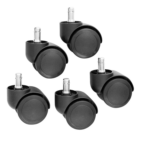 A set of four Master Caster black polyurethane safety casters with necks.