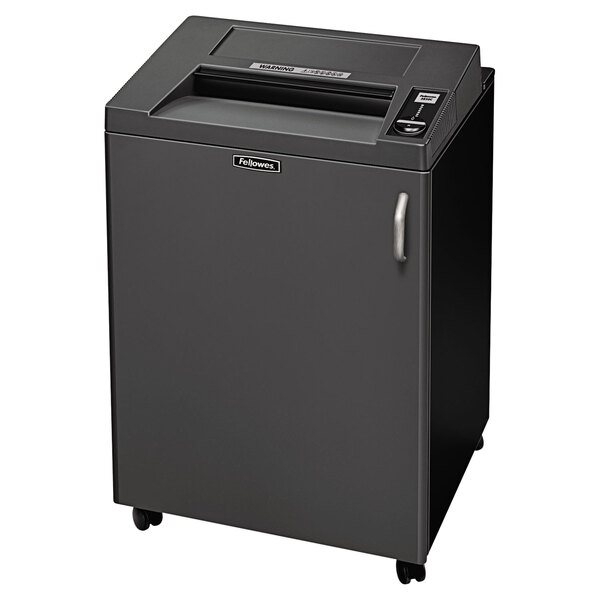 A black and gray Fellowes Fortishred 3850C paper shredder with wheels.