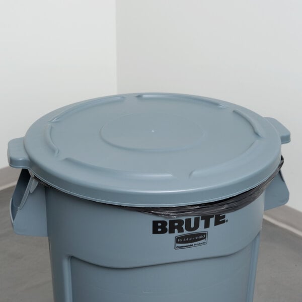 A gray Rubbermaid Brute lid on a gray Rubbermaid Brute trash can.
