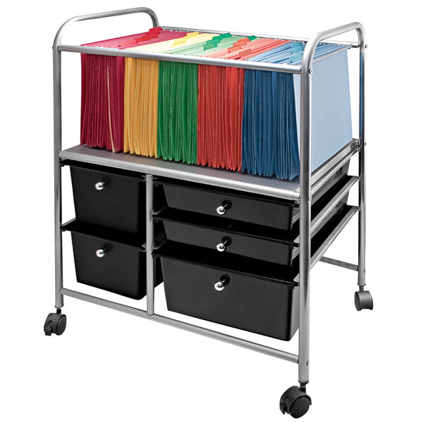 A black metal Advantus file cart with 5 drawers filled with file folders.