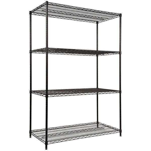 A black steel wire shelving unit with four shelves.