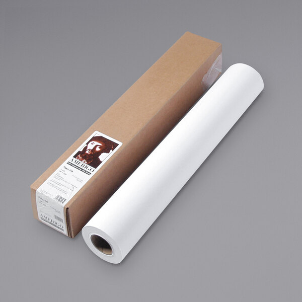 A cardboard box with a white roll of paper inside with a white label.