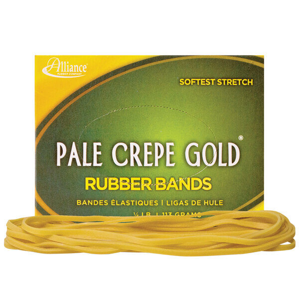 A box of Alliance Pale Crepe Gold rubber bands with a yellow and green label.