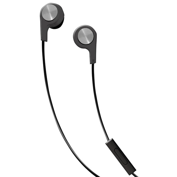 A pair of black Maxell Bass earbuds with a silver microphone.