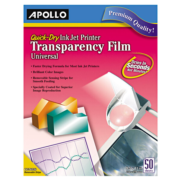 A box of Apollo Quick-Dry Color Inkjet Transparency Film with a clear product label.