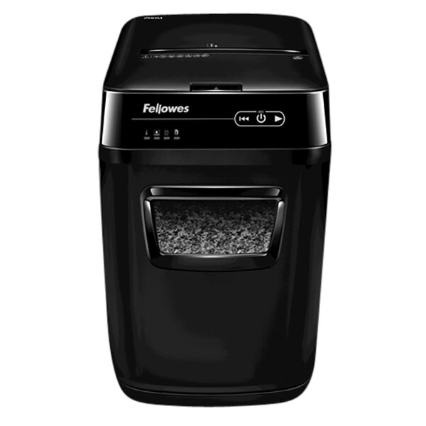 A black Fellowes AutoMax 200M shredder with a white window.