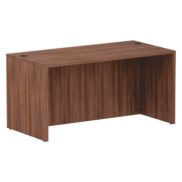 A walnut Alera Valencia desk shell. A wooden desk with a dark brown finish.