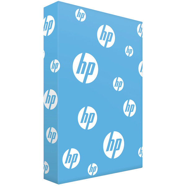 A blue ream pack of HP Inc. white multi-purpose paper with white circles and text on it.