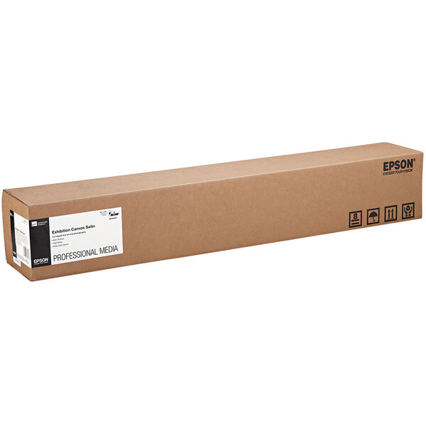 A long brown box with black text for Epson S045251 Satin White Exhibition Canvas.