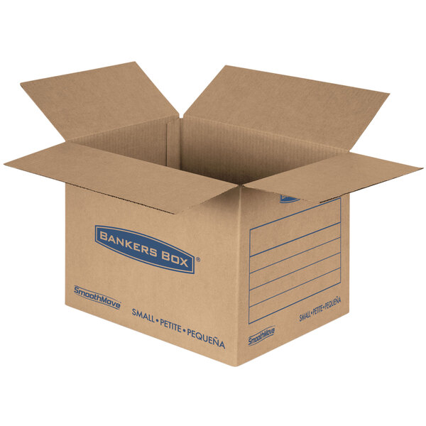 A brown Banker's Box cardboard box with blue writing on the side.