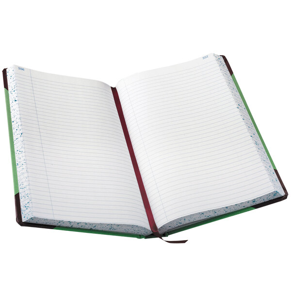 A green Boorum & Pease notebook with red record ruled pages.