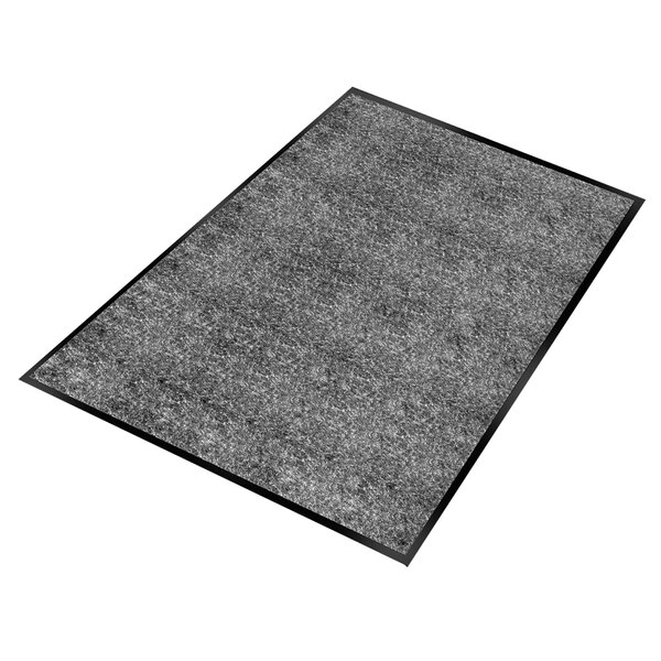 A grey rectangular rug with a black border.