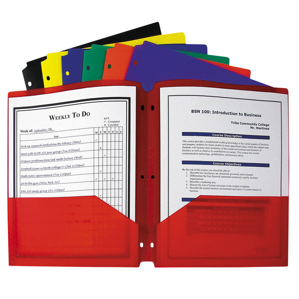 A red C-Line polypropylene portfolio folder with several folders inside.