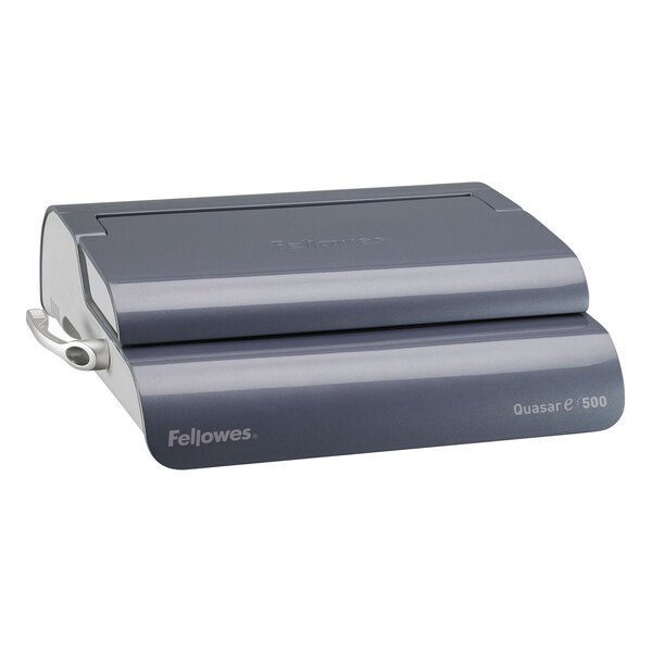 A grey rectangular Fellowes Quasar binding machine with text on it.