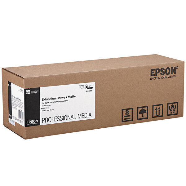 A brown box with a white label for Epson S045256 Matte White Exhibition Canvas.