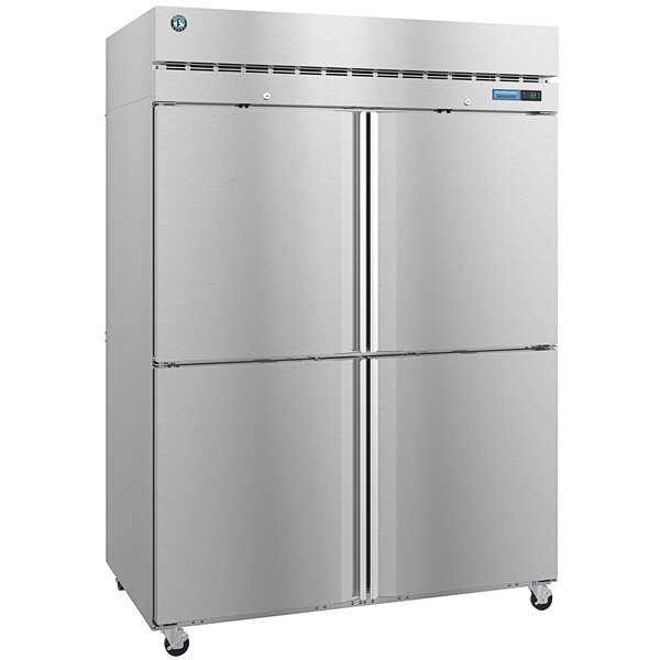 A silver stainless steel Hoshizaki reach-in refrigerator with two solid doors.