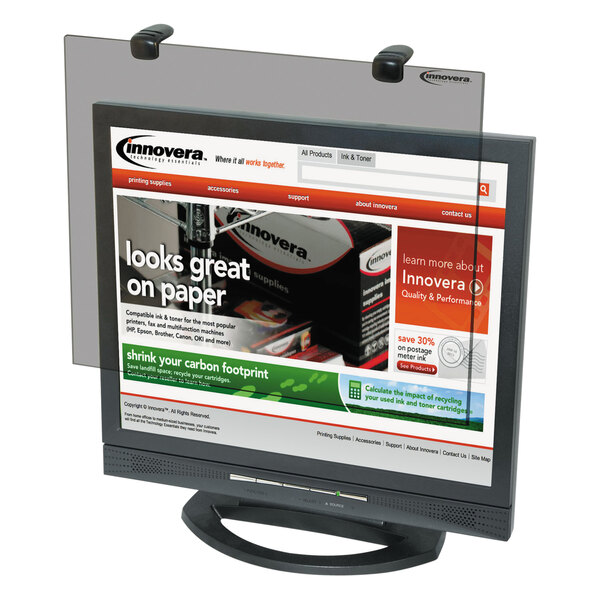 The Innovera LCD monitor filter on a computer screen displaying a website.