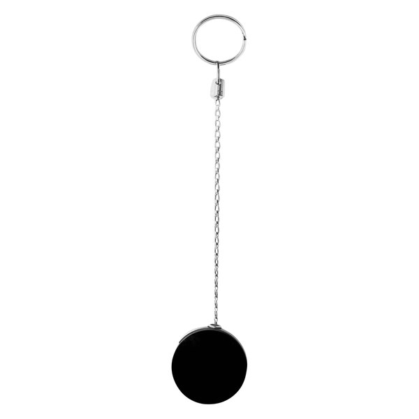 A black circle on a chain, hanging from a reel.