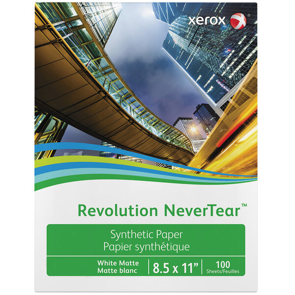 A white package of Xerox Revolution NeverTear paper for printers with a picture of a city.