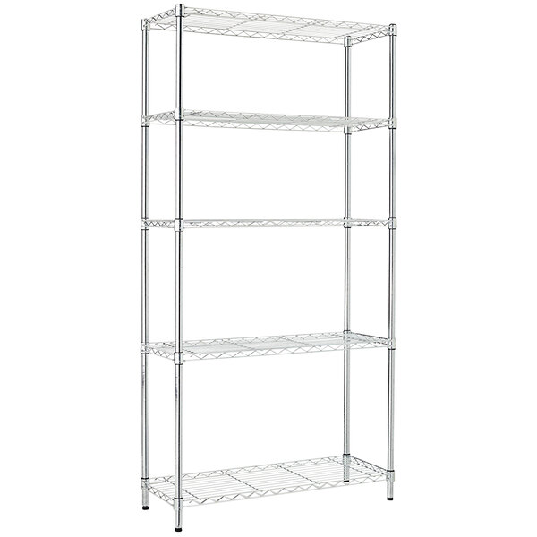 A silver steel Alera wire shelving unit with four shelves.