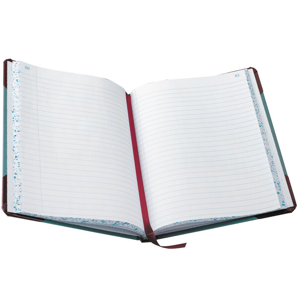 A Boorum & Pease black and red notebook with record ruled pages and lined pages.