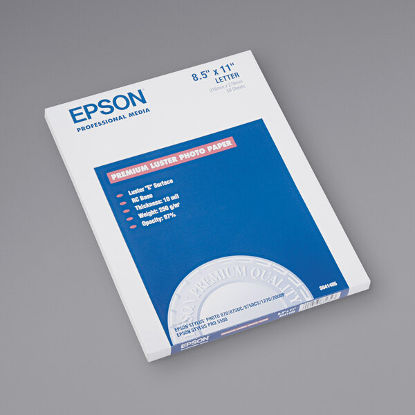A white box with blue and red text for Epson Ultra Premium Photo Paper.