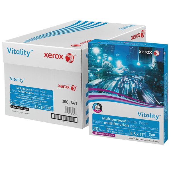 A white box of Xerox Vitality multipurpose printer paper with blue and red labels.