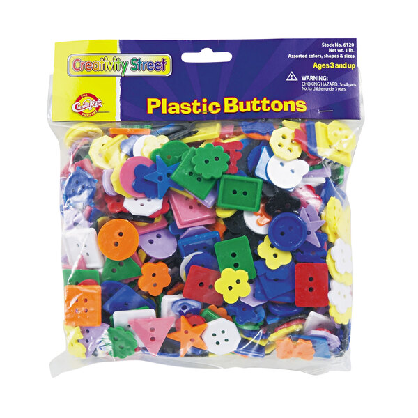 A bag of Creativity Street plastic buttons in assorted colors.