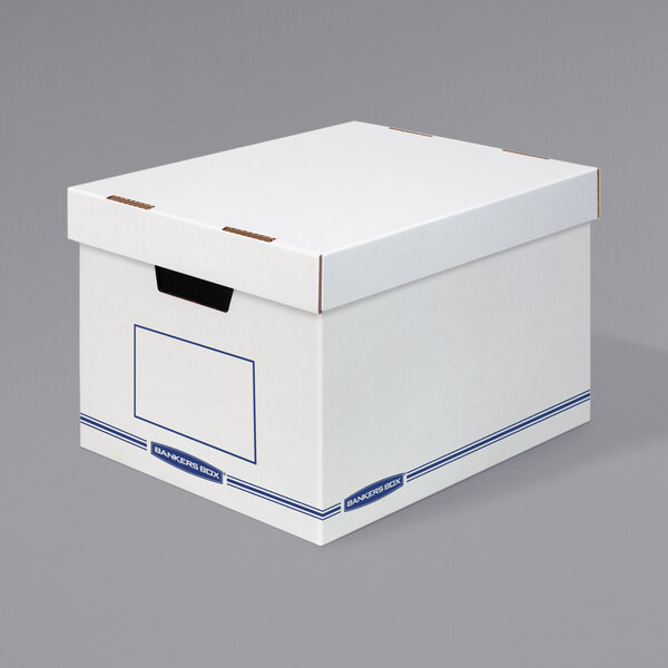 A white box with blue stripes on top.