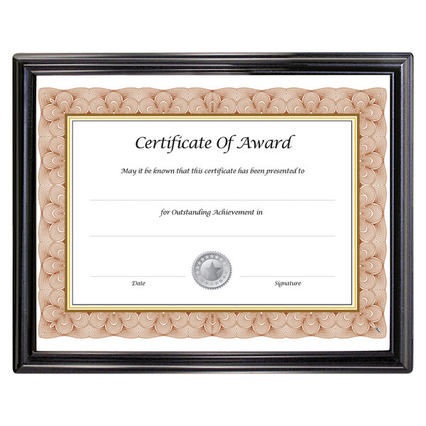 A certificate of award in a black frame.