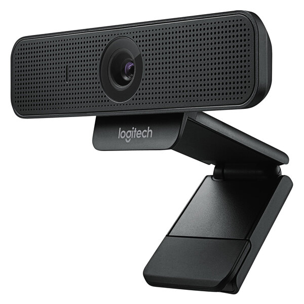 A black Logitech webcam with a camera on it.