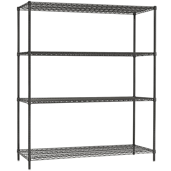 A black metal shelving unit with four shelves.