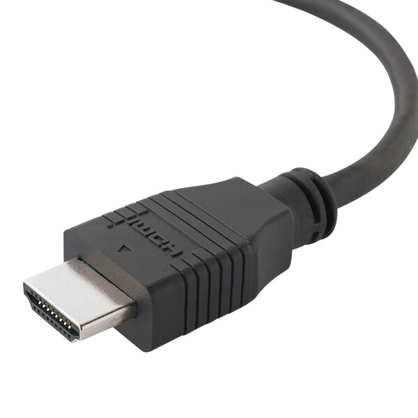 A close-up of a Belkin black HDMI cable with 2 male connections.