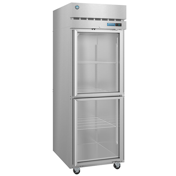 A stainless steel Hoshizaki reach-in refrigerator with half glass doors.