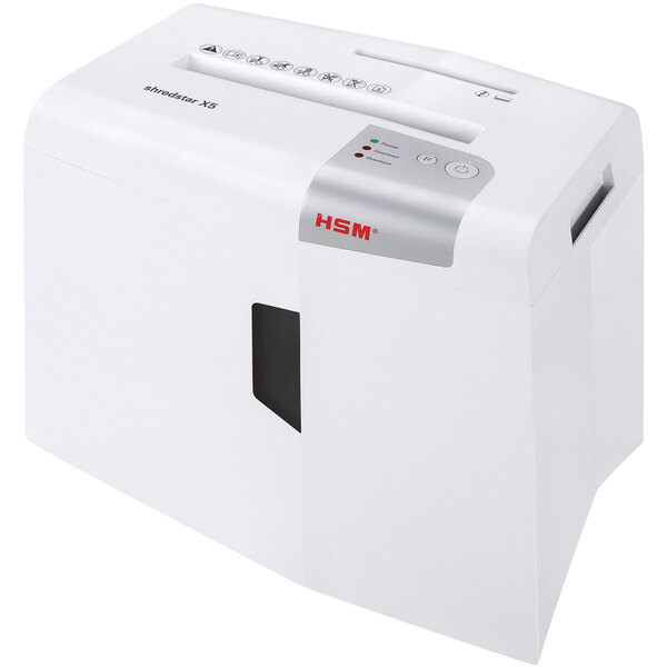 A white HSM ShredStar X5 paper shredder with buttons.