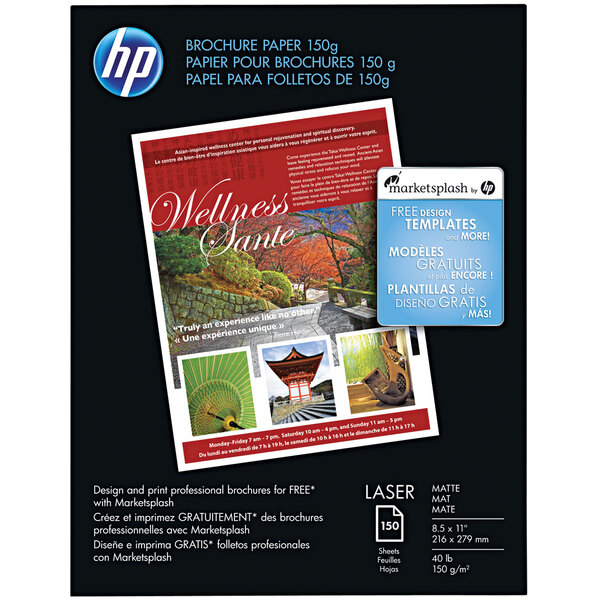 A black box of HP Inc. bright white matte laser brochure paper with a blue and white label on the front.