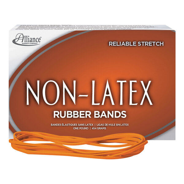 A box of 250 orange non-latex rubber bands.