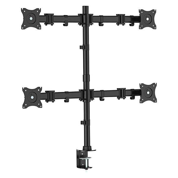 A black metal Kantek quad monitor arm stand with four black monitors attached to it.