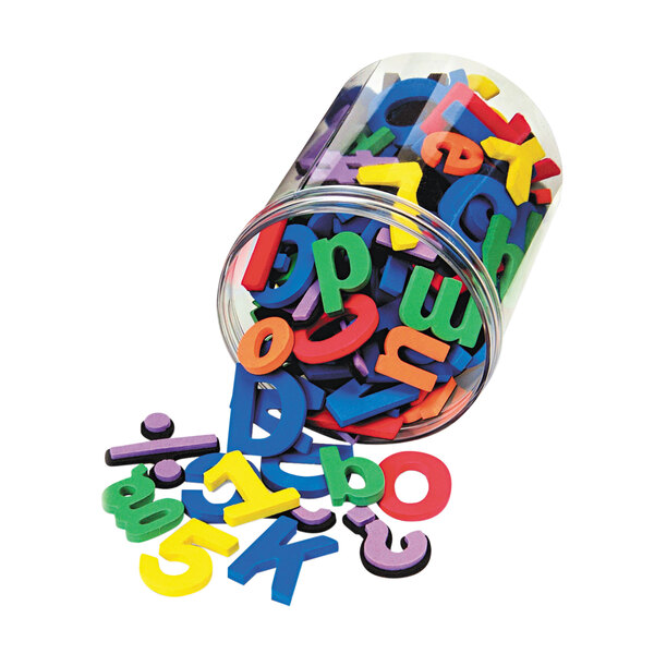 A jar full of colorful Wonder Foam magnetic letters and numbers.