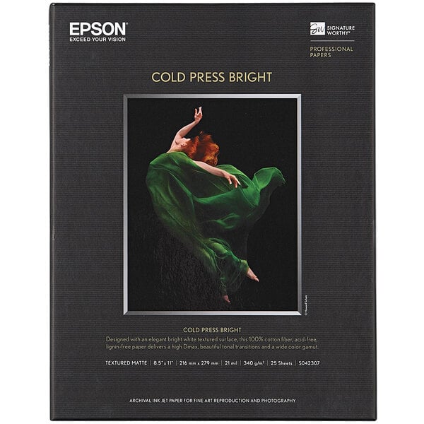 A box of Epson Cold Press Bright white fine art matte paper with 25 sheets inside.