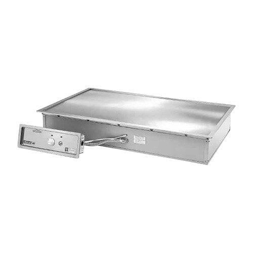 A rectangular stainless steel countertop with a Wells electric griddle inside.