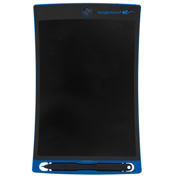 A black rectangular Boogie Board Jot eWriter with a blue border and stylus.