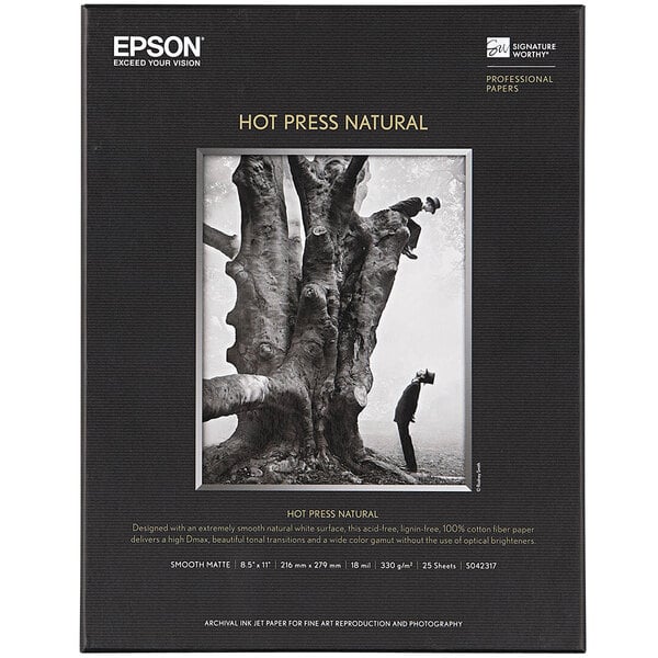 A box of 25 sheets of Epson Hot Press Natural white fine art paper.