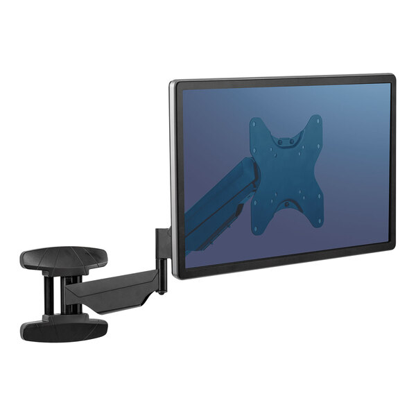 A black Fellowes single arm wall mount for a computer monitor.